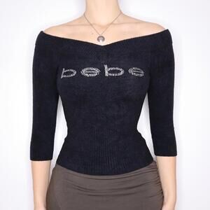 Y2K BEBE Fuzzy Black Off the Shoulder Sweater (S) 